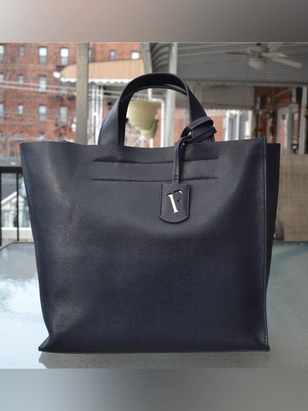 Furla Black Leather Medium Tote Bag with Silver F Logo Charm